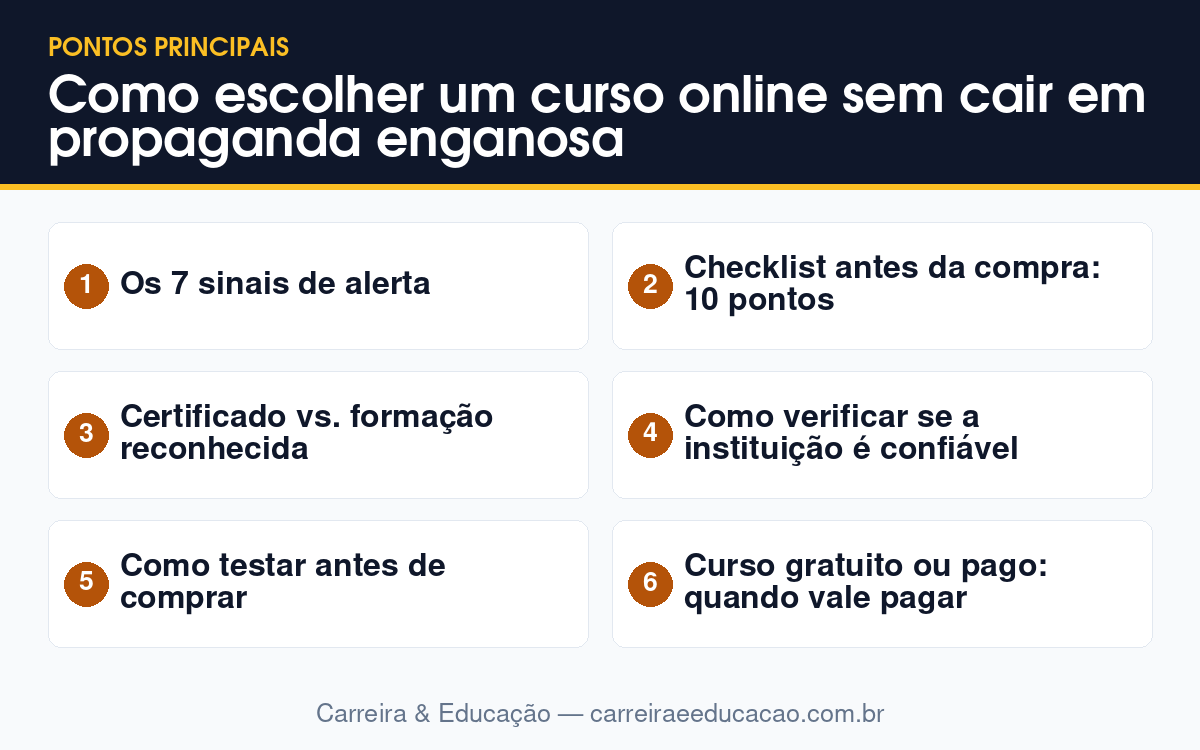 Como escolher um curso online sem cair em propaganda enganosa 3 Imagem-resumo com os principais tópicos do artigo: Como escolher um curso online sem cair em propaganda enganosa