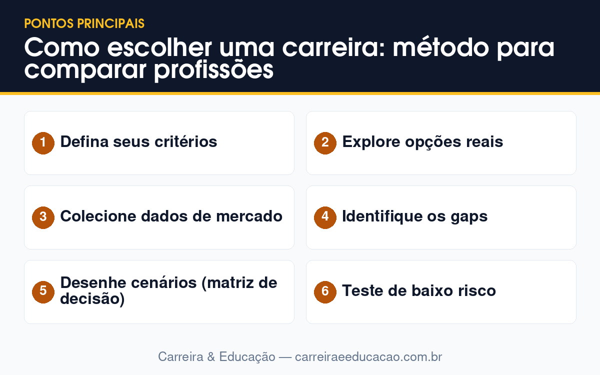 Imagem-resumo com os principais tópicos do artigo: Como escolher uma carreira: método para comparar profissões